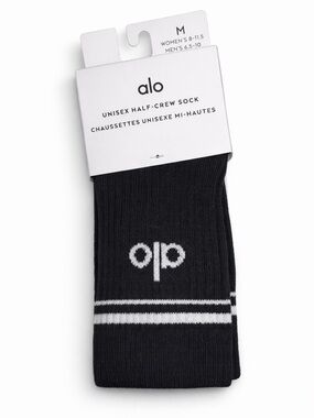 Alo Yoga Unisex Half Crew Socks Black White Logo Stripe Size M NWT